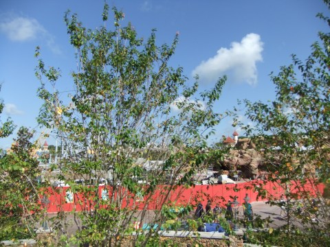 The mostly obscured view of the New Fantasyland construction from Dumbo
