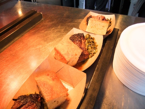 Brisket, greens and cornbread waiting to be served